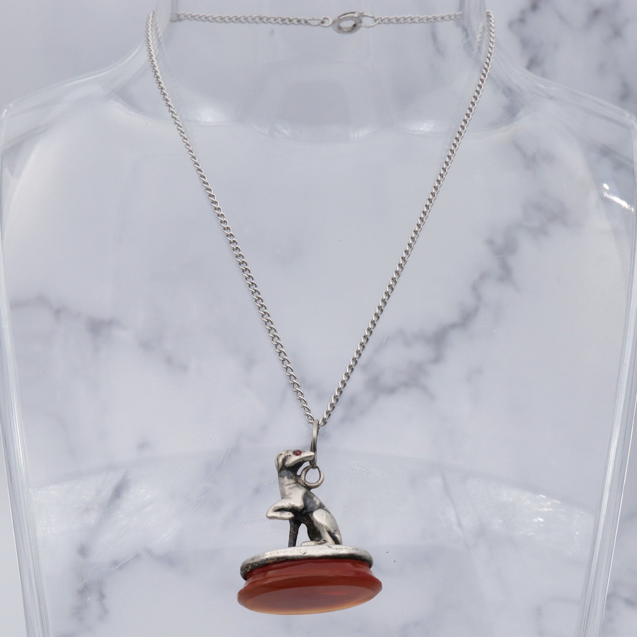 Early Victorian sterling silver greyhound dog on carnelian fob pendant